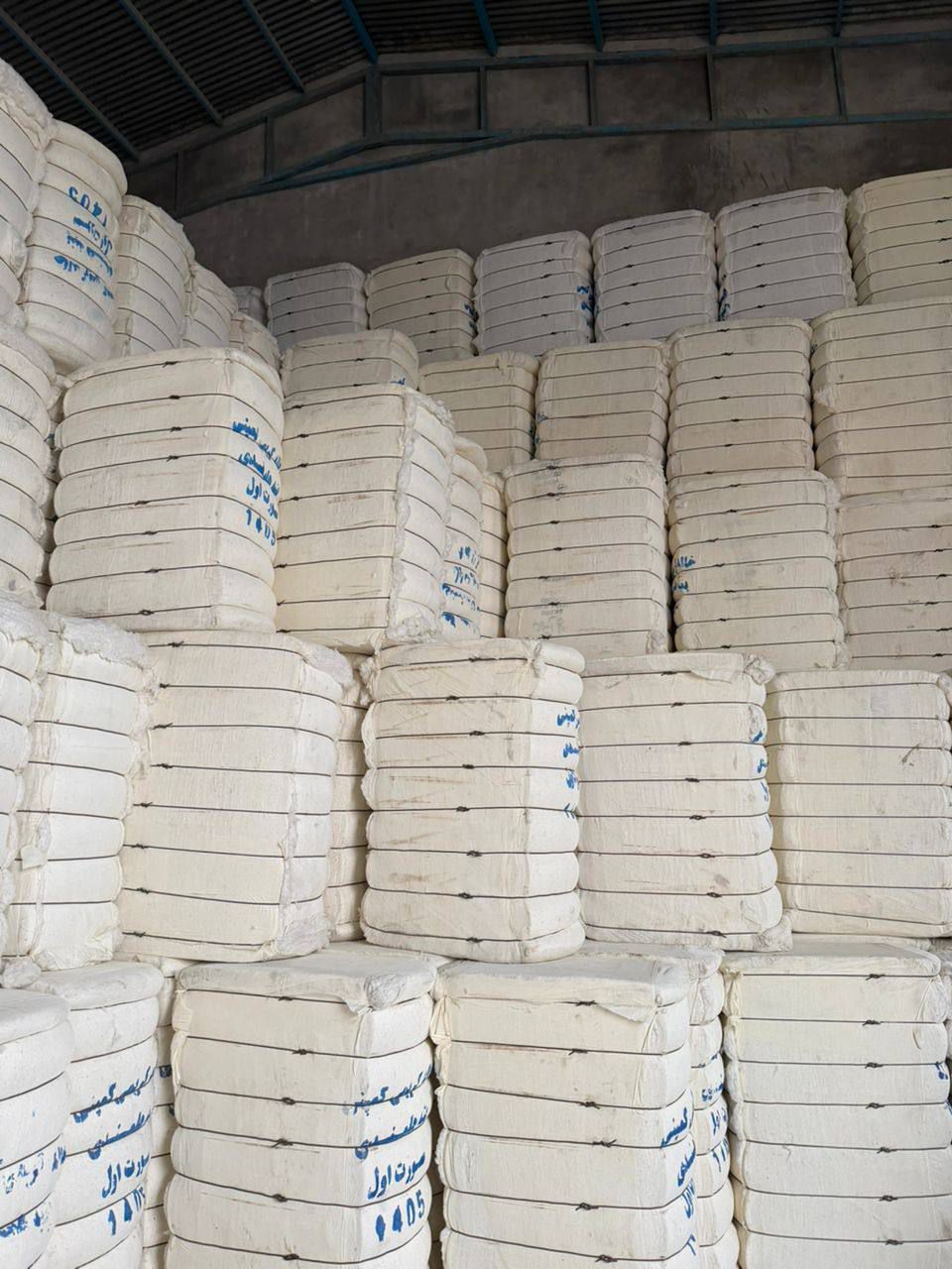 Pressed cotton bales stacked in the warehouse